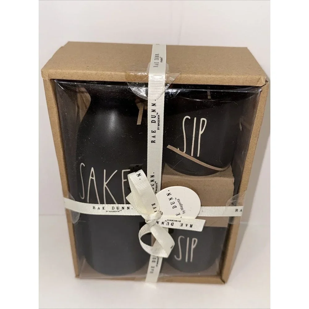 Rae Dunn SAKE Set AND‎ SIP Black Magenta Artisan Collection LL Sushi Brand New